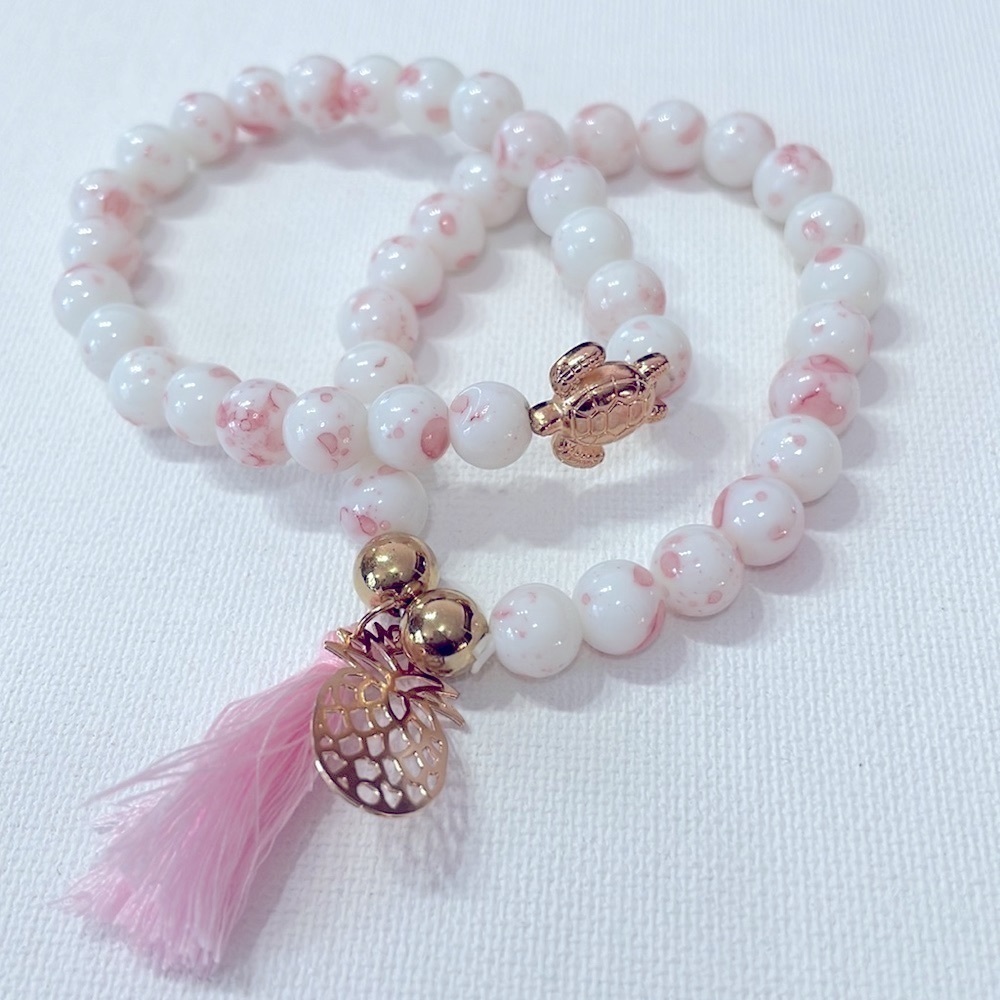 Beaded White And Pink Marble Stretch Bracelet Set With Gold Charms